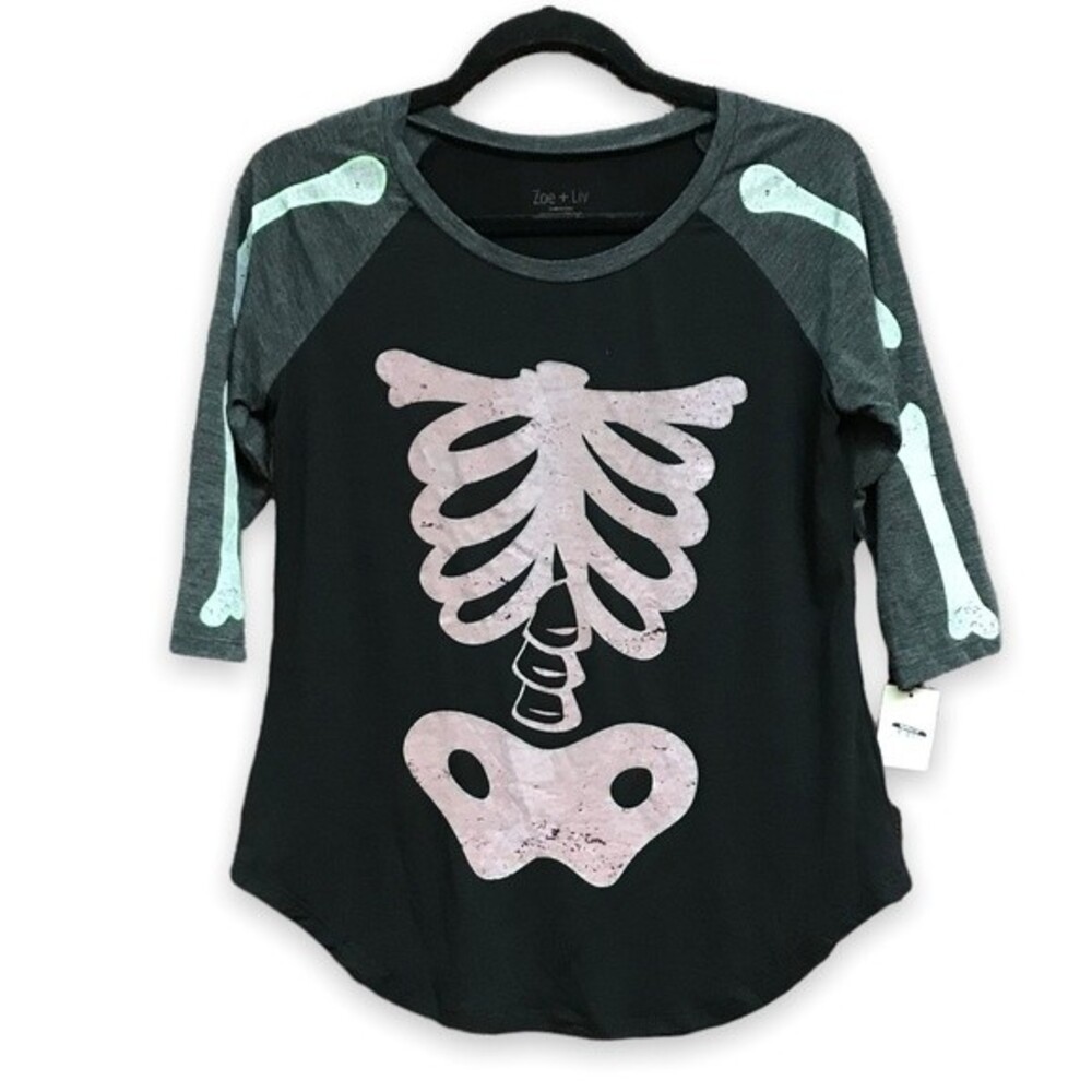 NWT Zoe + Liv Halloween Punk Ribcage Skeleton 3/4 Sleeve T Ebony Gray Women's M